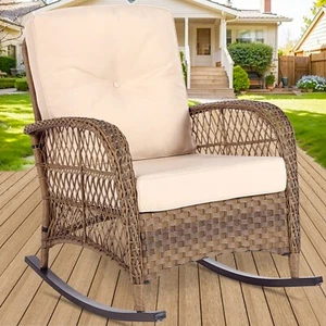Outdoor Wicker Rocking Chair Patio Rattan Rocker Chair Rocking Wicker Furniture - Picture 1 of 70