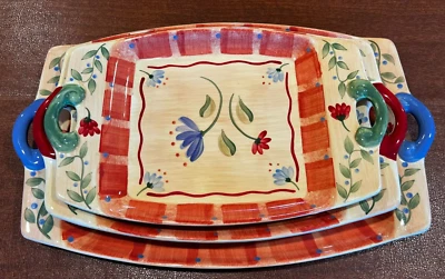Pfaltzgraff Napoli Hand Painted Serving Platters Nesting Blue, Red Green handles - Image 1 of 3