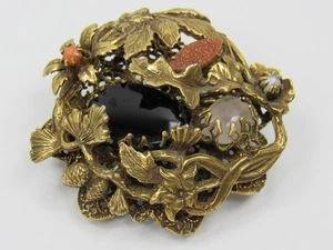 High End Czech Unsigned Antiqued Gold Tone Art Glass Stones Brooch - Picture 1 of 12
