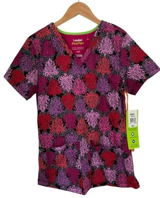 New Landau Pro Flex Womens Nursing Modern Fit Scrub Top Black Red Floral Size XS - Image 1 of 4