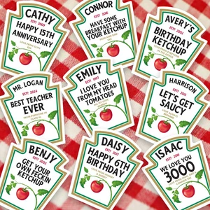 Personalised Vinyl Tomato Ketchup Label Sticker Printed Birthday Xmas Gift - Picture 1 of 6