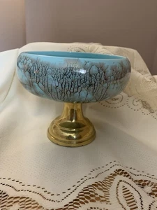 Vintage Hand Painted Delft Blue Bowl On Gold Metal Pedestal.MCM - Picture 1 of 10