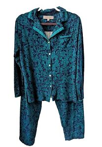 Anne Klein 2   Pajamas 2-Piece Set Large 14-16 Navy Teal Plaid Flannel  Women's