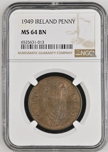 1949 IRELAND 1 PENNY NGC MS64 BN SCARCE NGC ONLY 2 FINER - Picture 1 of 2