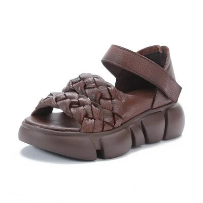 Sandalias retro Creeper Peep Toe para mujer de verano de cuero tejido romano zapatos cómodos Foto 1 de 4