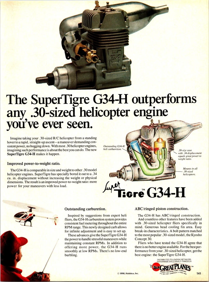 Super Tigre G34-H RC Helicopter Engine Vintage Print Ad Wall Art Decor - Image 1 of 1