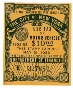 Usa/New York-Vehicle Registration Sticker .. 10 Dollars .. 1953 .. *UNC*🤩Unused - Picture 1 of 2