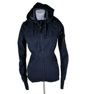 Lululemon Hoodie Jacket Size 8 Blue Pinstripe Form Fitting Stretchy Ribbon Trim - Picture 1 of 12