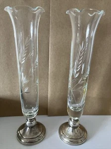 2 Web Sterling Etched Crystal Bud Vase Wheat 7, 1/4" Sterling Non-Weighted Base - Picture 1 of 4