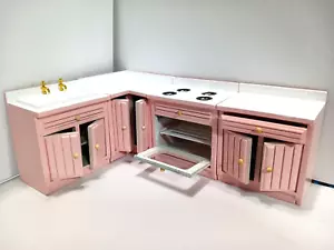 Dollhouse Kitchen 1:12 scale wood sink, stove, cabinet, corner cabinate. Pink - Picture 1 of 10