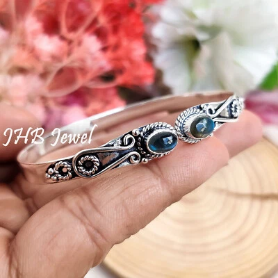 Blue Fire Labradorite Gemstone 925 Sterling Silver Cuff Bangle Fashion Jewelry - Image 1 of 4