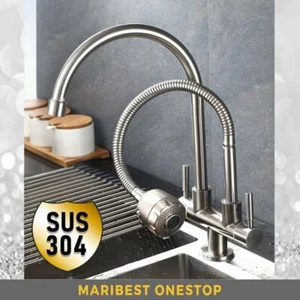 304 Stainless Steel Double Sink Tap 2 Mode Pillar Mounted Tap Home Use - Picture 1 of 7