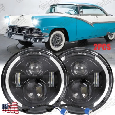 For Ford Fairlane 1955 1956 1957 2PC 130W 7inch Round LED Headlights HI/LO Bulbs - Image 1 of 4