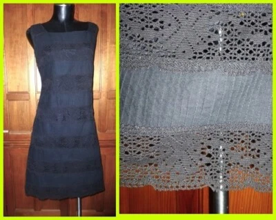 Vtg 60s Mexican GiraSol Black Cotton Crochet Lace Pintuck sheath cocktail DRESS - Image 1 of 4