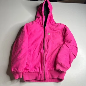 Carhartt Kids Pink Hooded Active Jacket L 14 Duck Canvas Quilted Lining Coat - Picture 1 of 7