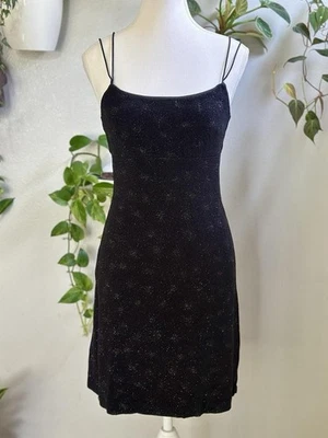 拜尔也是! 女式闪亮黑色懒人连衣裙 M 码-复古 Y2K-美国制造 — 第 1/4 张图片