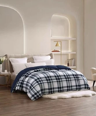 Royal Luxe  Reversible Down Alternative KING Comforter Navy White Plaid - Image 1 of 4