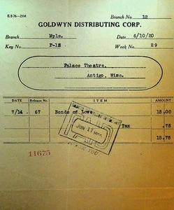 Goldwyn Distributing Corp Billhead June 10 1920 Bonds of Love Silent Film - Bild 1 von 1