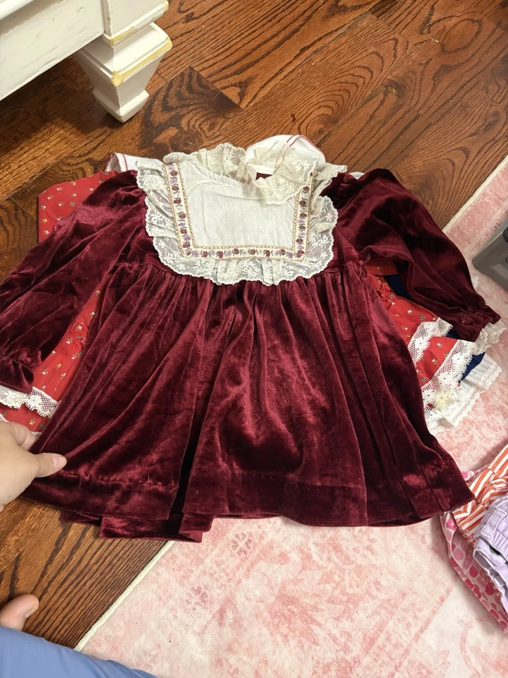 ✅Vestido Vintage Navidad Niño Niñas 2T Borgoña Imitación Terciopelo Encaje Lazos Florales Foto 1 de 1