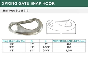 Marine T316 Stainless Steel Gate Snap Hook Carabiner 2", 2-3/4", 3-3/4" - Picture 1 of 9