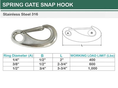Mosquetón gancho a presión puerta acero inoxidable Marine T316 2", 2-3/4", 3-3/4" Foto 1 de 4