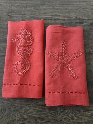 2 Coral Hemstitch Linen Beach Coastal Embroidered Seahorse Starfish Guest Towels - Image 1 of 4
