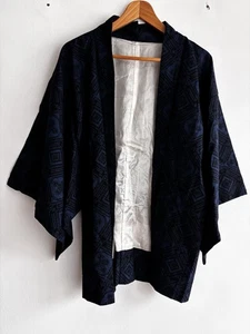 New Traditional Japanese Kimono haori blue jacket geometric abstract design S - Picture 1 of 14