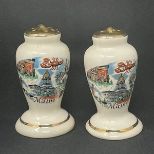 Beautiful Vintage Ceramic Maine Salt & Pepper Shakers Gold Trim Souvenir Kitschy - Picture 1 of 7