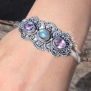 Labradorite & Faceted Amethyst Gemstone 925 Sterling Silver Sister Gift Bangle - Picture 1 of 5
