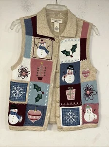 Bechamel Woman Christmas Sweater Vest SZ PS Beige with Embroidery & Pearl Detail - Picture 1 of 5