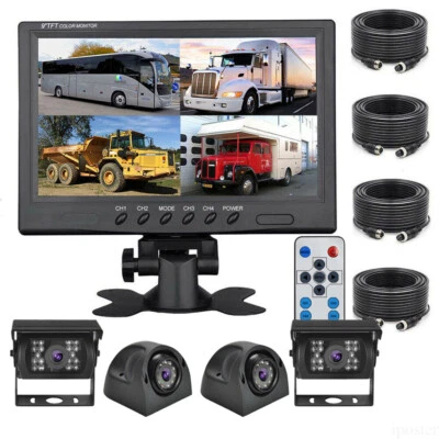 9" Quad Split Monitor 4 PIN 4X Side Rear View Backup Camera Kit For Bus Truck RV - Image 1 of 4