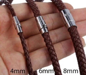 Braided Cord Brown Faux Leather Magnetic Stainless Steel Bracelet Necklace UK - Picture 1 of 11