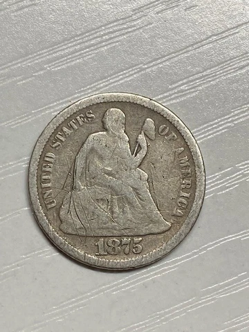 1875-s Seated Dime 10c, scratched, 99 Cent shipping Cover