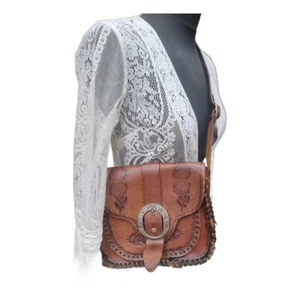 Tan Brown Western Leather Saddle Bag Vintage Boho Hippie festival 70s Braided - Picture 1 of 16