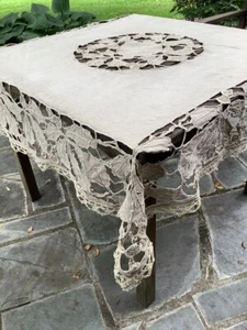 Vintage Linen Tablecloth Hand Embroidered Cutwork From France Topper Leaf - Picture 1 of 10