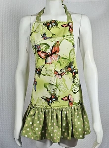 Vintage Green Ruffle Bottom Apron with Stunning Butterflies and Polka Dots - Picture 1 of 9