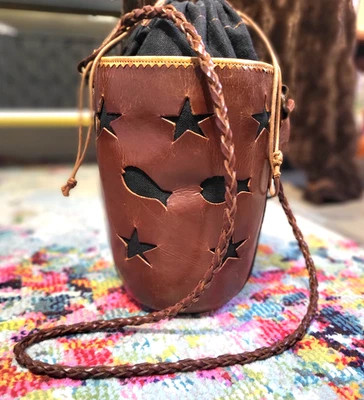 Barneys York Brown Leather ITALIAN Fish Stars Linen Crossbody Barrel Bag OOAK - Image 1 of 4