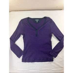 Camisa Henley LRL Ralph Lauren Púrpura Negra Rayas Manga Larga Mujer Mediana - Imagen 1 de 5