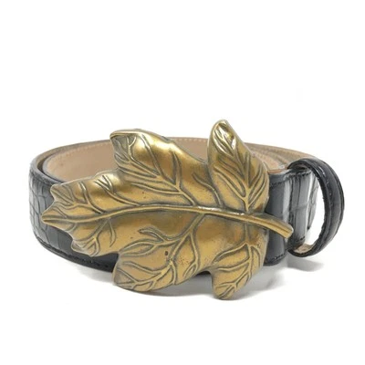 Talbots Belt Womens Size Large L Black Croc Embossed Leaf Buckle Made Italy - Image 1 of 4