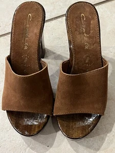 Contessa Made In Italy Brown Leather Wood Heel Mules Sz 6/37 - Picture 1 of 10