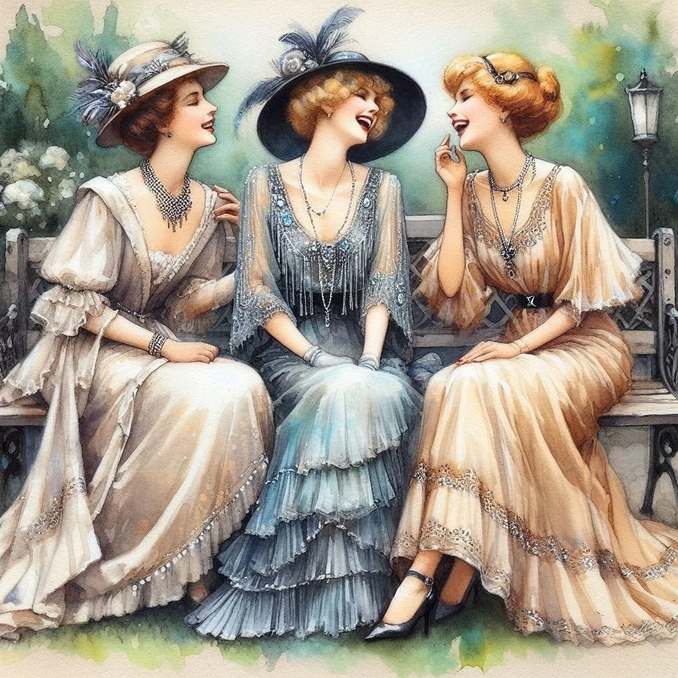 Vintage Art Deco Ladies at the Park #3 - 8x8 Cotton Quilt Crafting Fabric Block - Image 1 of 1