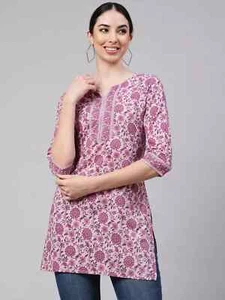 Vestido túnica Kurta Kurti estampado floral algodón puro rosa para mujer indio - Imagen 1 de 6