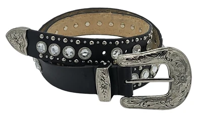 Concho Belt Sz Small Full Rhinestones Cowgirl Silver Buckle Leather Western Blk - Image 1 of 4