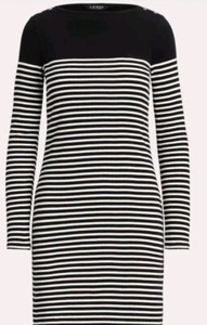 Ralph Lauren Women's Black  Striped Long Sleeve Boat Neck Cotton Dress Size S - Picture 1 of 3