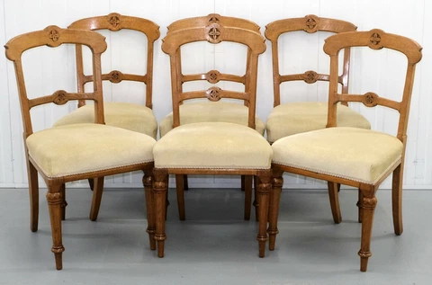SET OF SIX VICTORIAN OAK GOTHIC DINING CHAIRS HORSE HAIR SEAT & TAPERED LEGS Cover