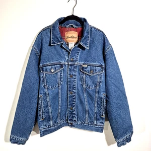 Levi Strauss Signature Denim Trucker Jacket Mens Medium Plaid Red Flannel Lined - Picture 1 of 13