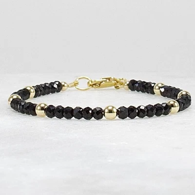 Black Spinel & 14k Gold Filled Bracelet – 3.5mm Faceted Gemstone | Dainty Luxe B - Image 1 of 4