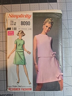 Vestido Simplicity Vintage 1969 patrón de costura 8090 para mujer de 2 piezas sin cortar talla 12 Foto 1 de 2
