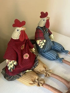 Vintage Handmade Sitting Rooster Dolls, Folk Art, 23” Country-Style Chickens - Picture 1 of 9