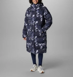 Columbia Women’s Long Hooded Puffer Jacket Floral Print Navy Size L $280 NWT - Picture 1 of 7